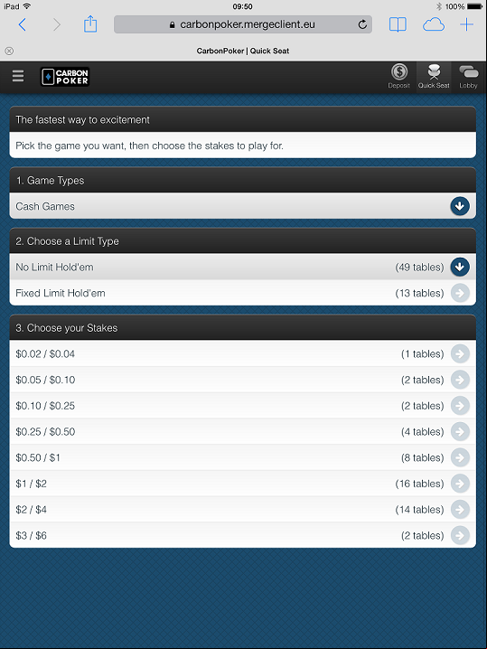 carbon poker mobile app lobby shot