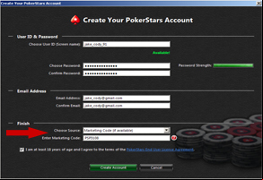PokerStars Review - Marketing Code Screen